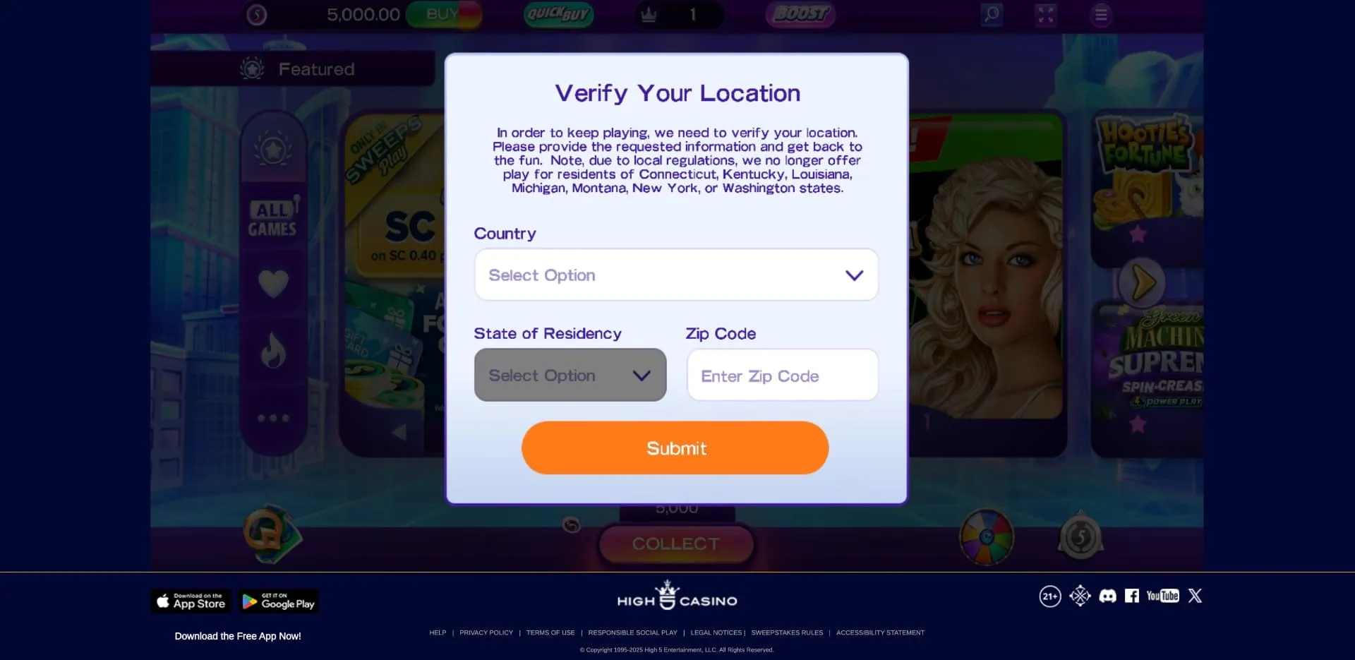 High 5 Casino Verify Location Background Image