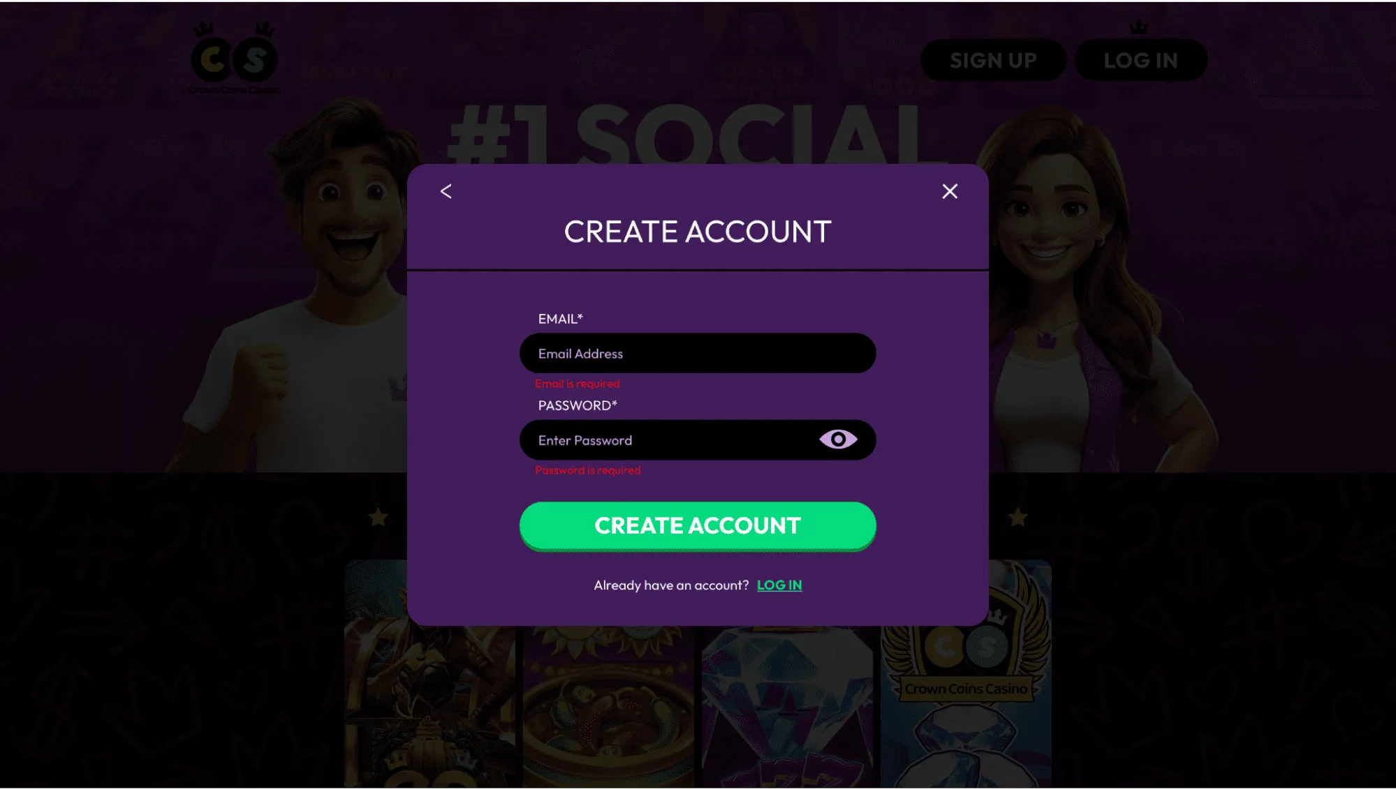 Crown Coins Casino Create Account Background Image