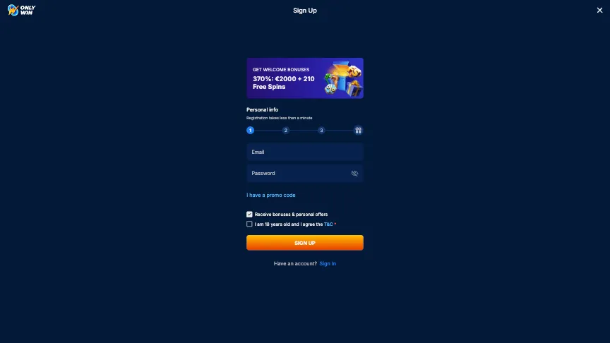 Onlywin Casino Sign Up Step 1 Background Image