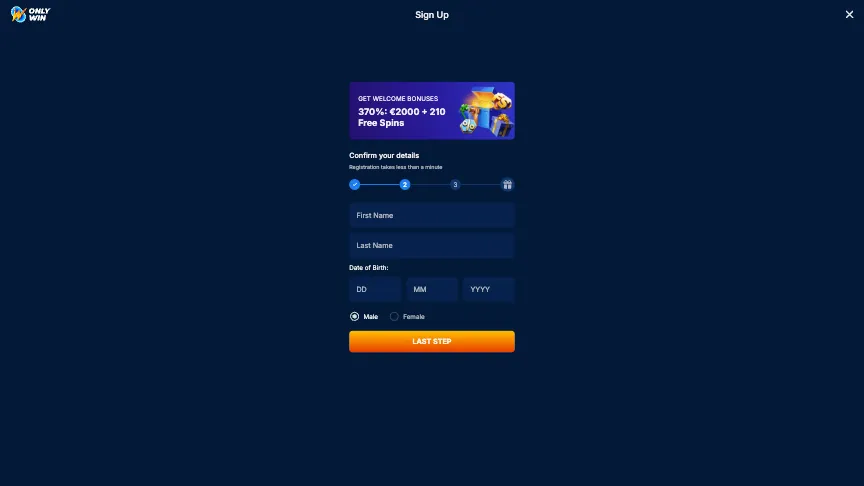 Onlywin Casino Sign Up Step 2 Background Image
