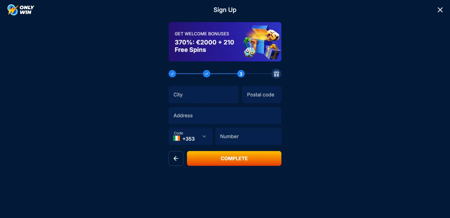 Only Win Casino Sign Up Step 3 Background Image