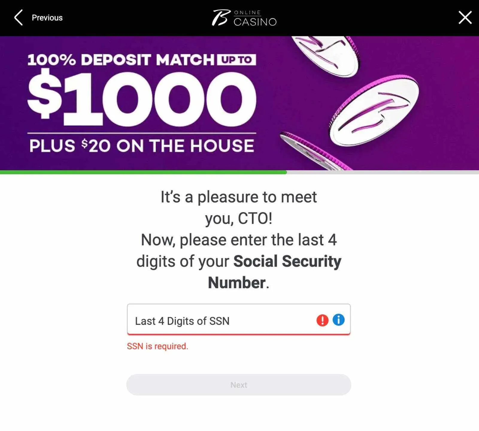 Enter Last 4 Digits Of Your Social Security Code At Borgata Casino Sign Up Form Background Image