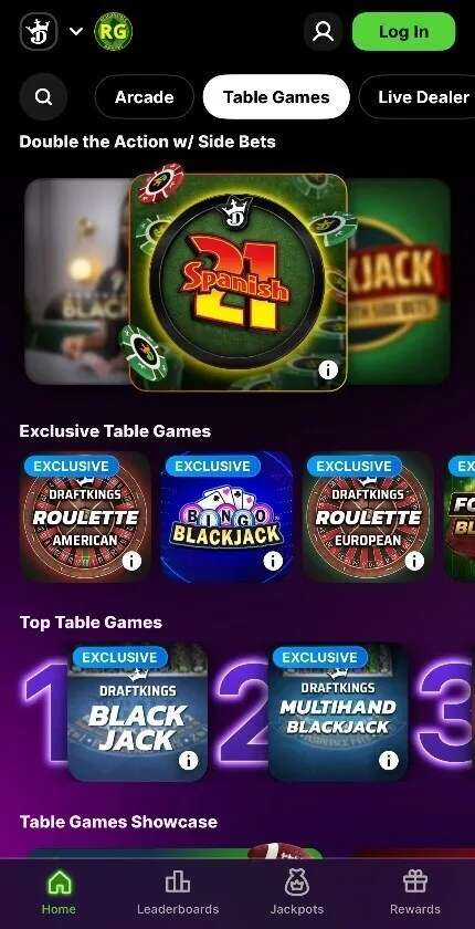 DraftKings Casino On Mobile - Table Games Background Image