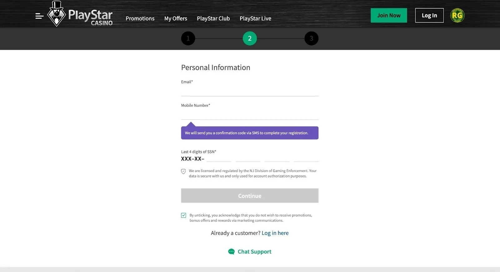 Insert Personal Information At PlayStar Casino Background Image