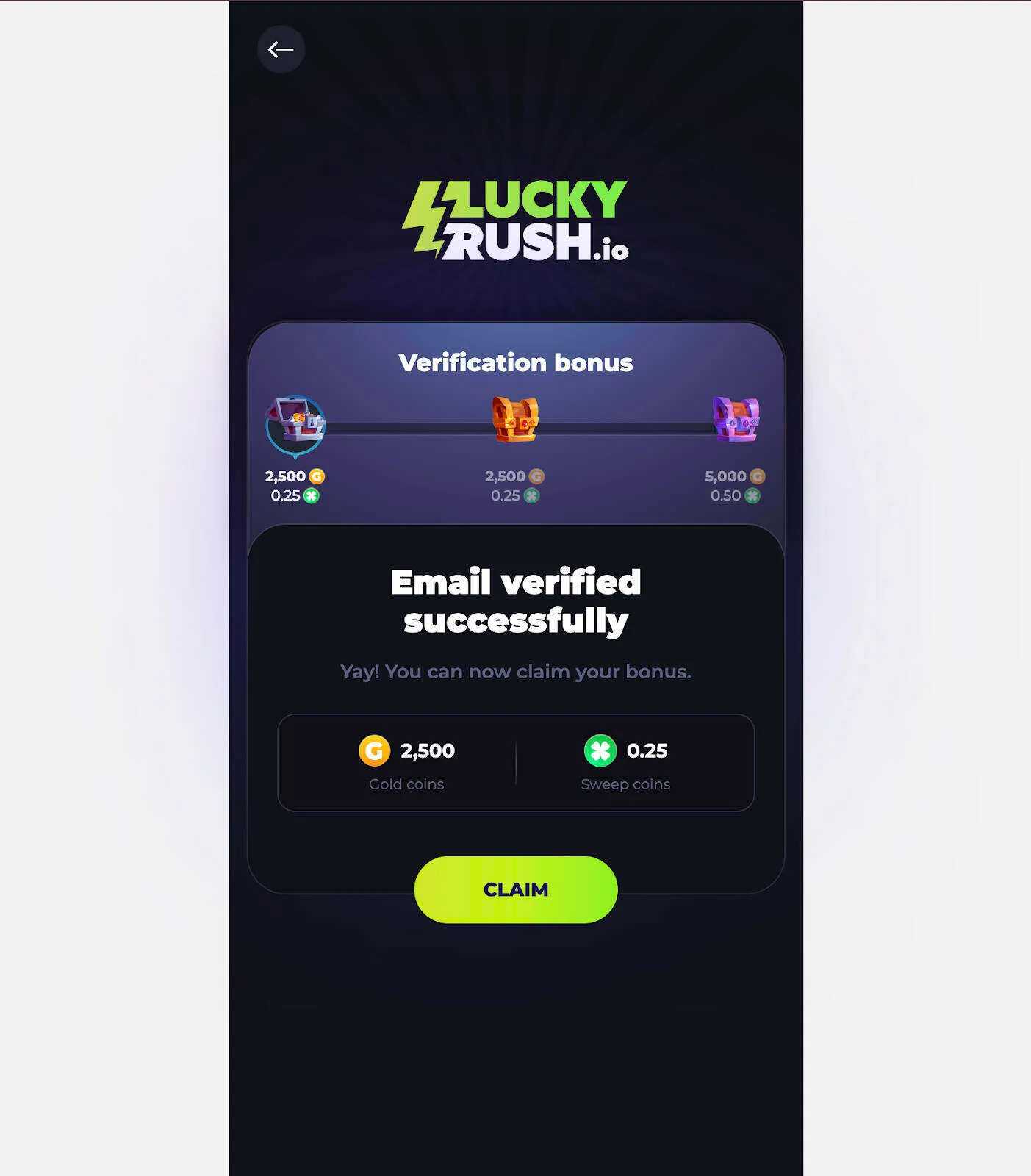 LuckyRush Email Verified Successfully Background Image