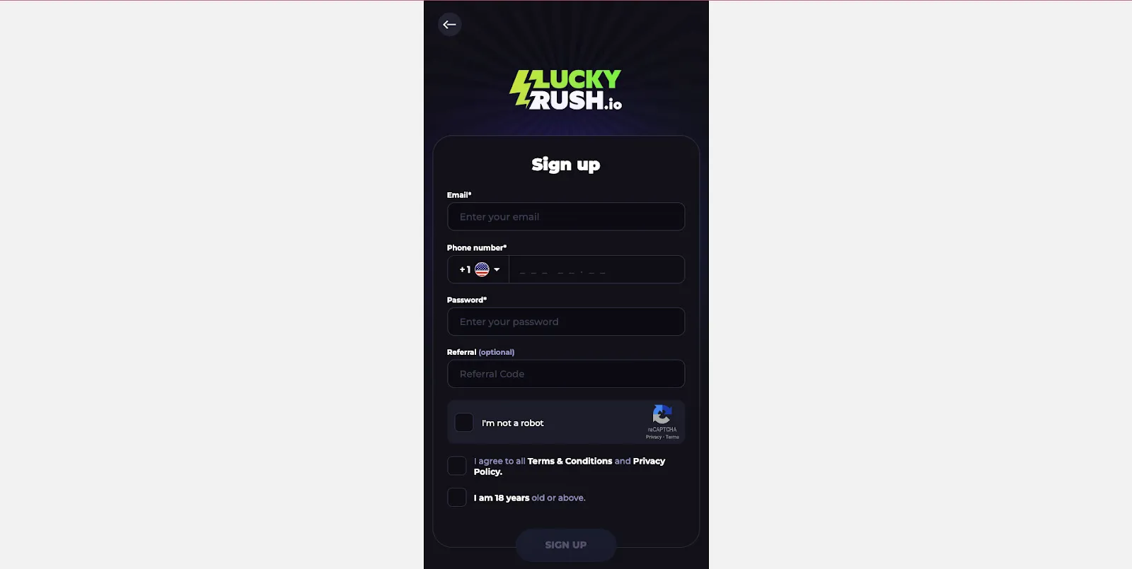 Sign Up For LuckyRush Casino Background Image