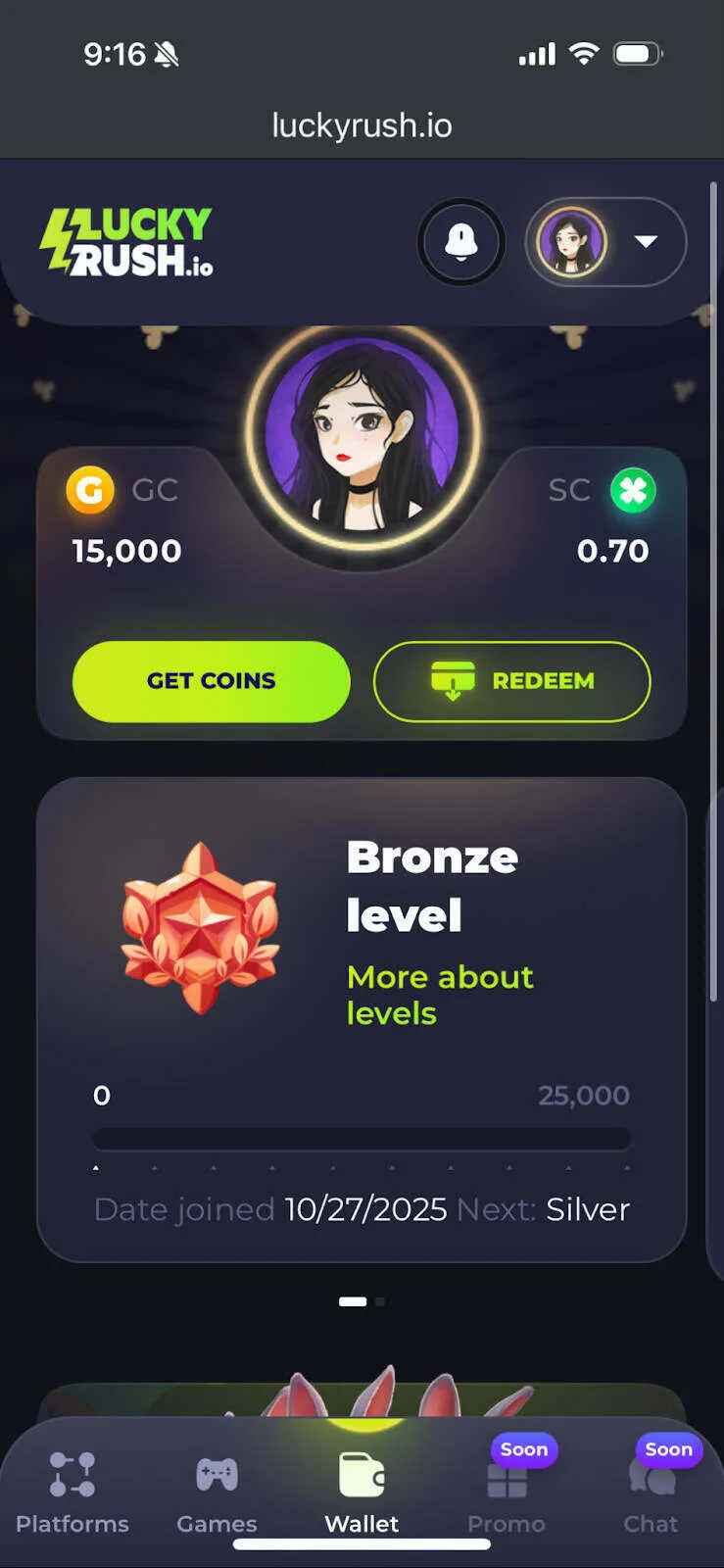 Bronze Level At LuckyRush On Mobile Background Image