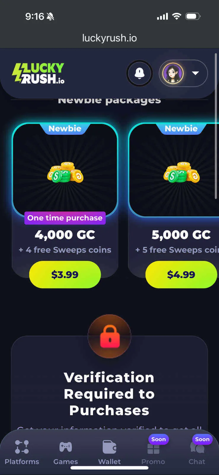 LuckyRush On Mobile Coin Purchase Verification Background Image