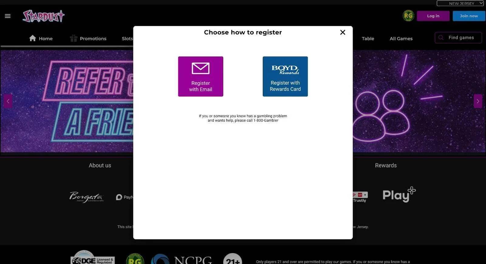 Choose How To Register At Stardust Casino Background Image