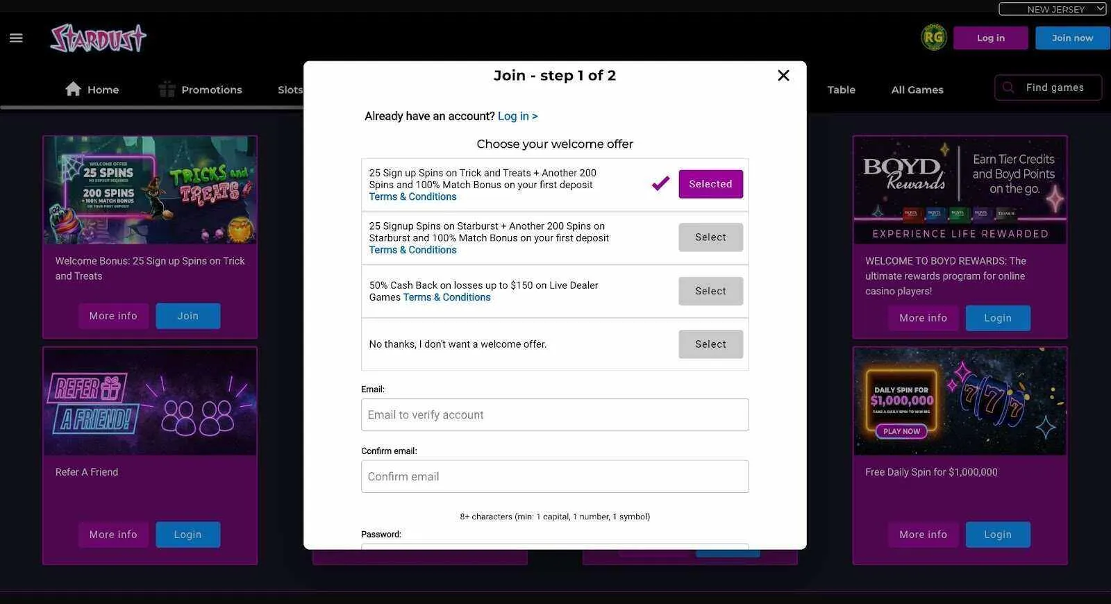 Choose Your Welcome Offer At Stardust Casino Background Image