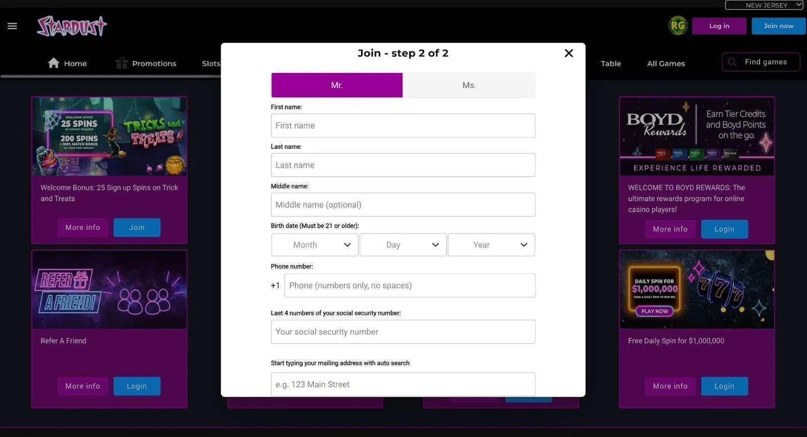 Add Your Personal Details At Stardust Casino Background Image