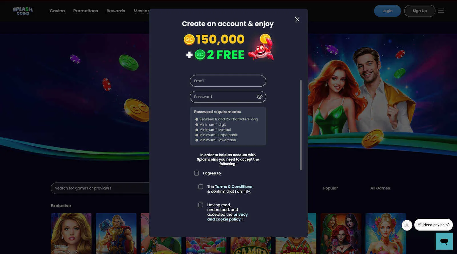 Create A New Account At Splash Coins Background Image