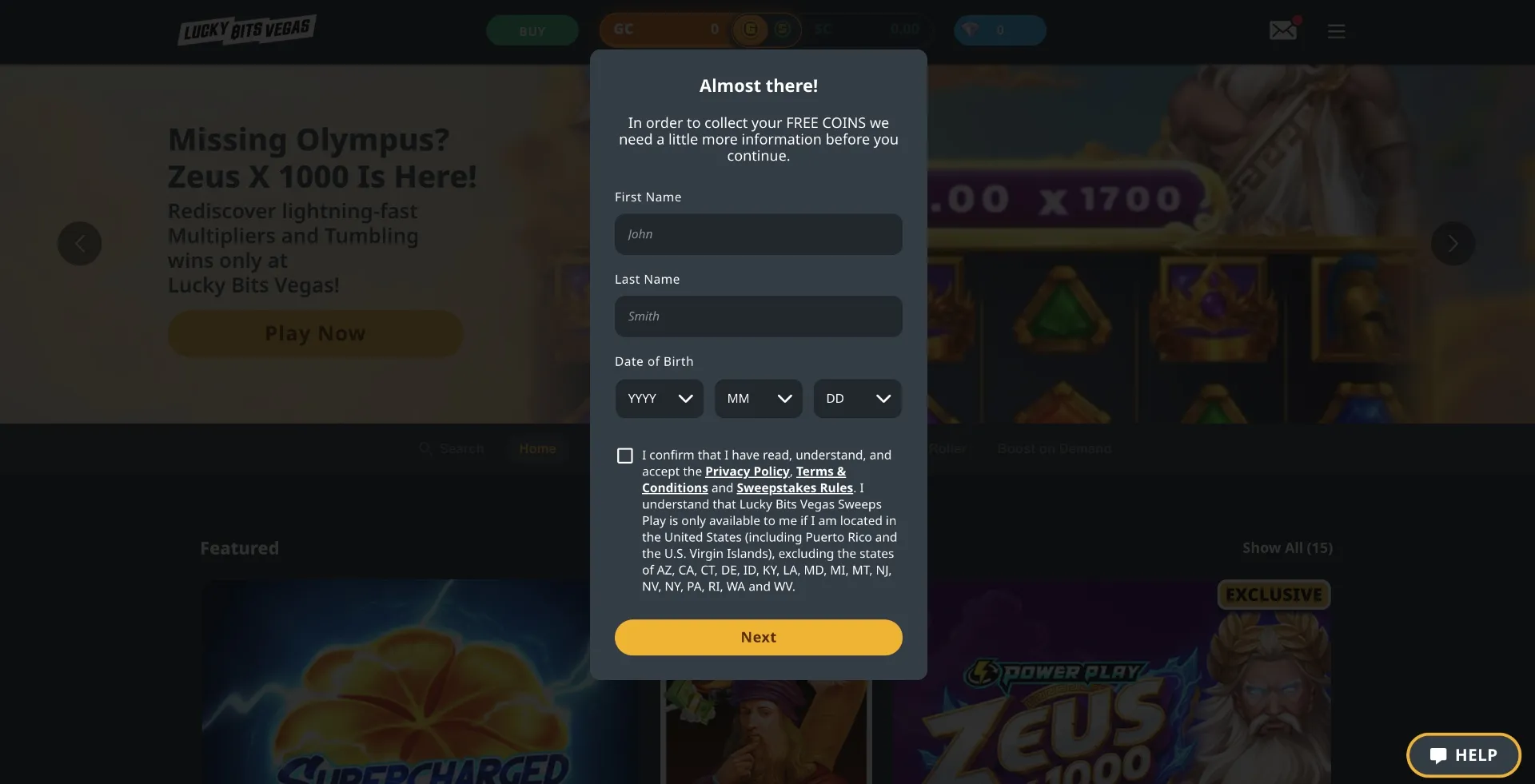 How To Sign Up For Lucky Bits Vegas Registration Step 2 Background Image