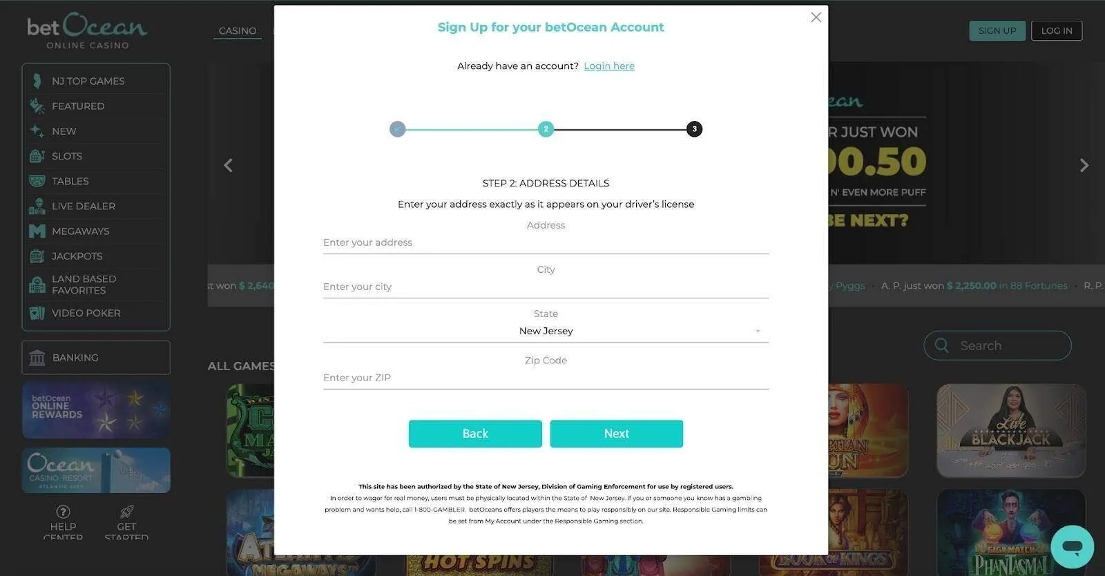 Add Address For The Registration At BetOcean Background Image