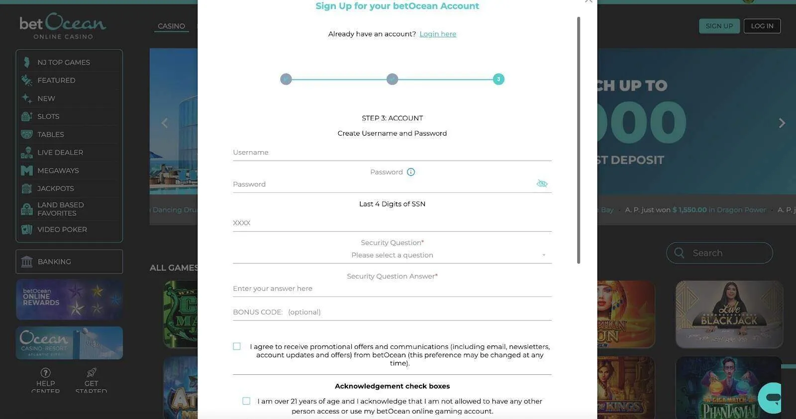 Create Username And Password For BetOcean Background Image