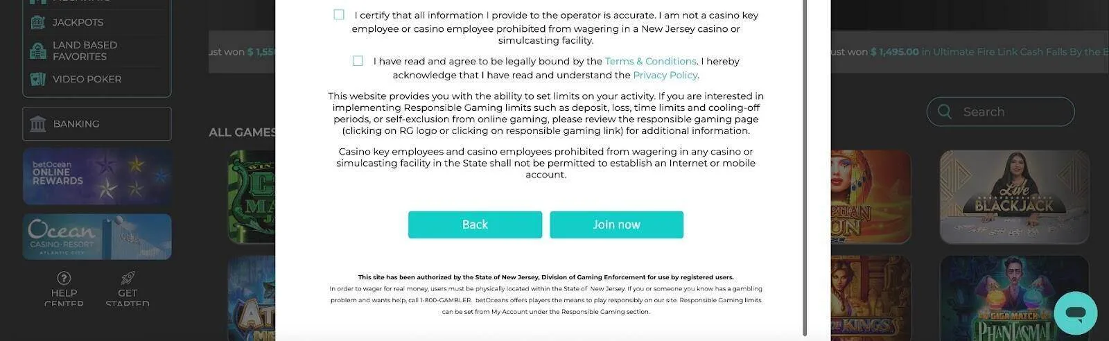 Acknowledgement Check Boxes At Ocean Casino Sign Up Background Image