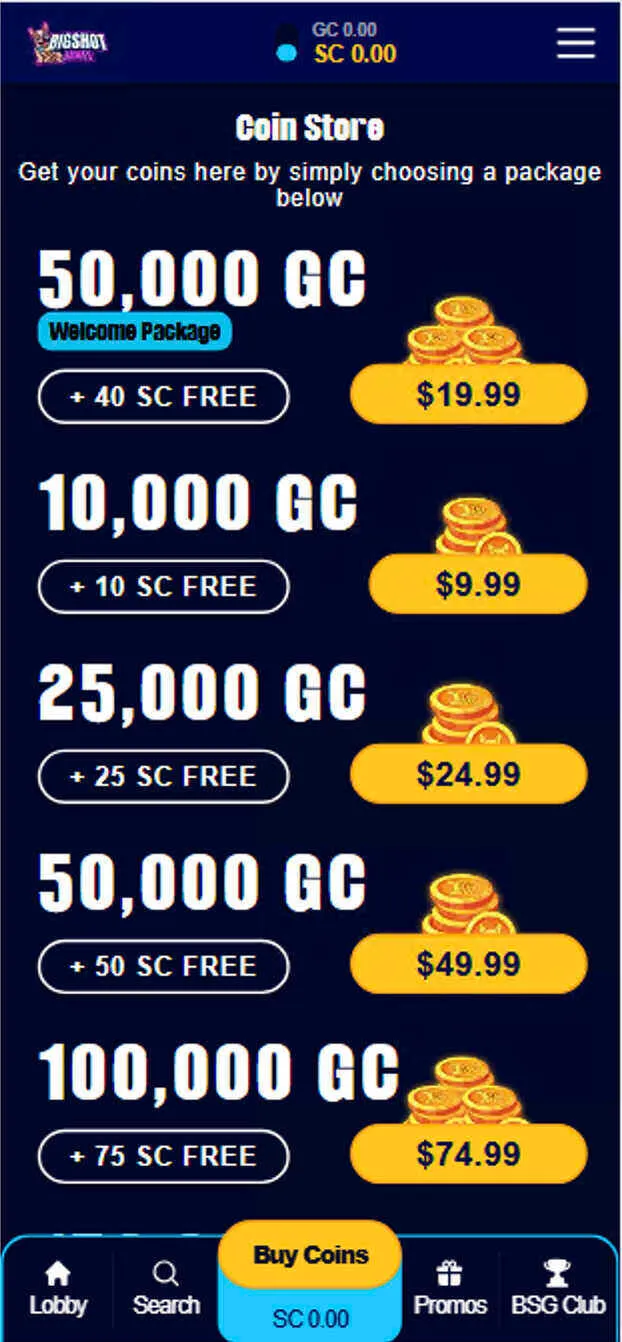 Big Shot Games Coin Store On Mobile Background Image