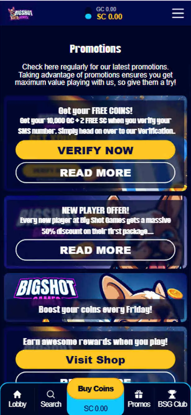 Big Shot Games Promotions On Mobile Background Image