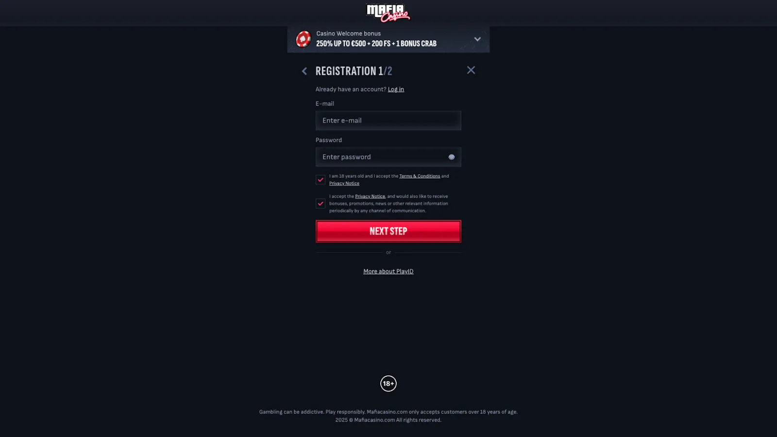 Register Your Email At Mafia Casino Background Image