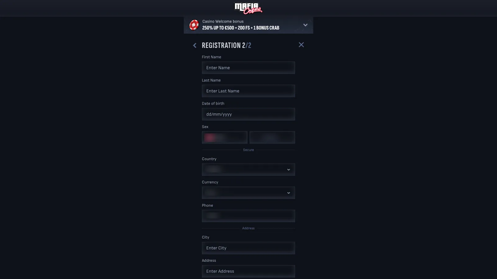 Add Personal Details To Register At Mafia Casino Background Image