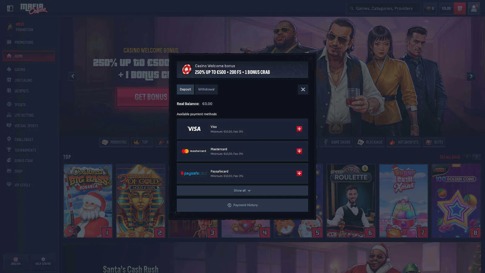 Select Payment Method At Mafia Casino Background Image