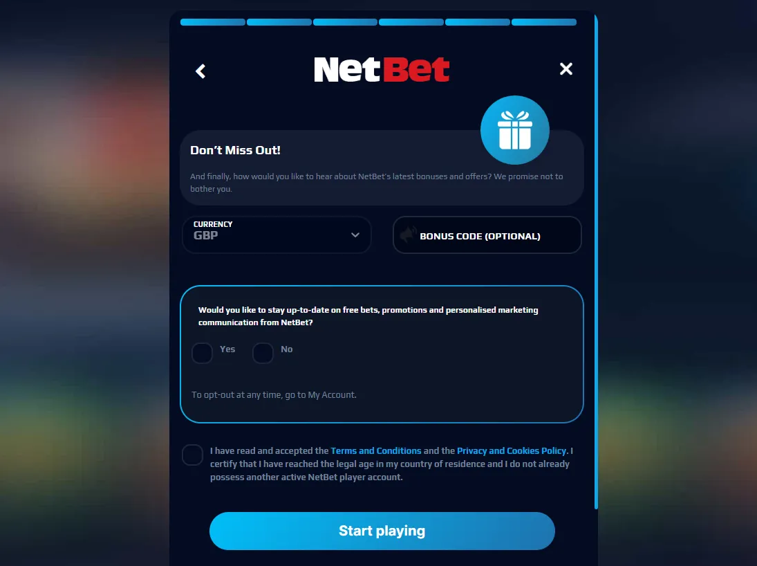 NetBet Sign Up Enter Choose Currency Background Image