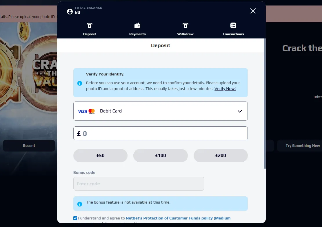 NetBet Select A Deposit Method Background Image