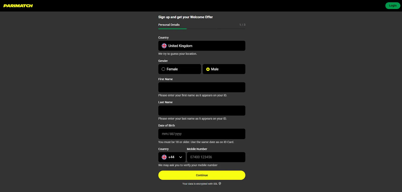 Fill In Personal Details At Parimatch Background Image
