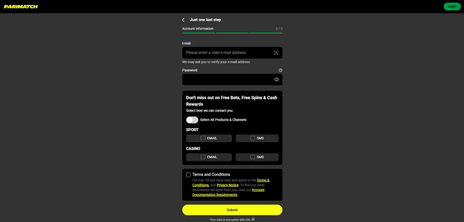 Add Email And Password To Register At Parimatch Background Image
