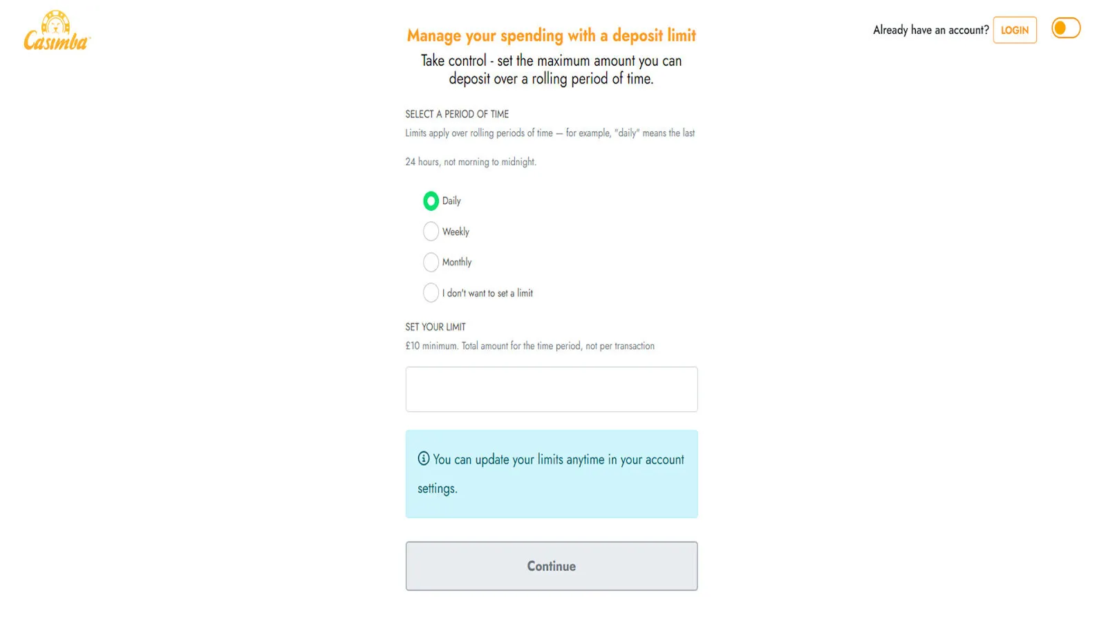 Manage Your Spending With A Deposit Limit At Casimba Casino Background Image