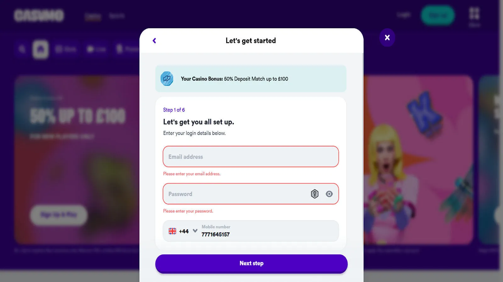 Open The Casumo Casino Registration Page Background Image