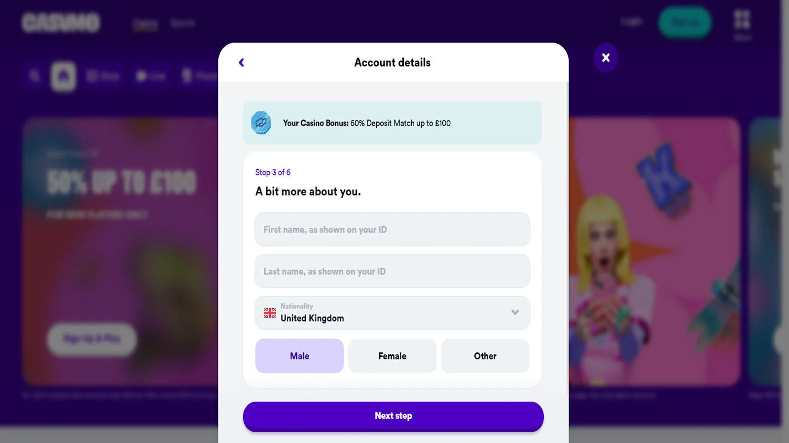 Add You Name And Surname At Casumo Casino Registration Page Background Image