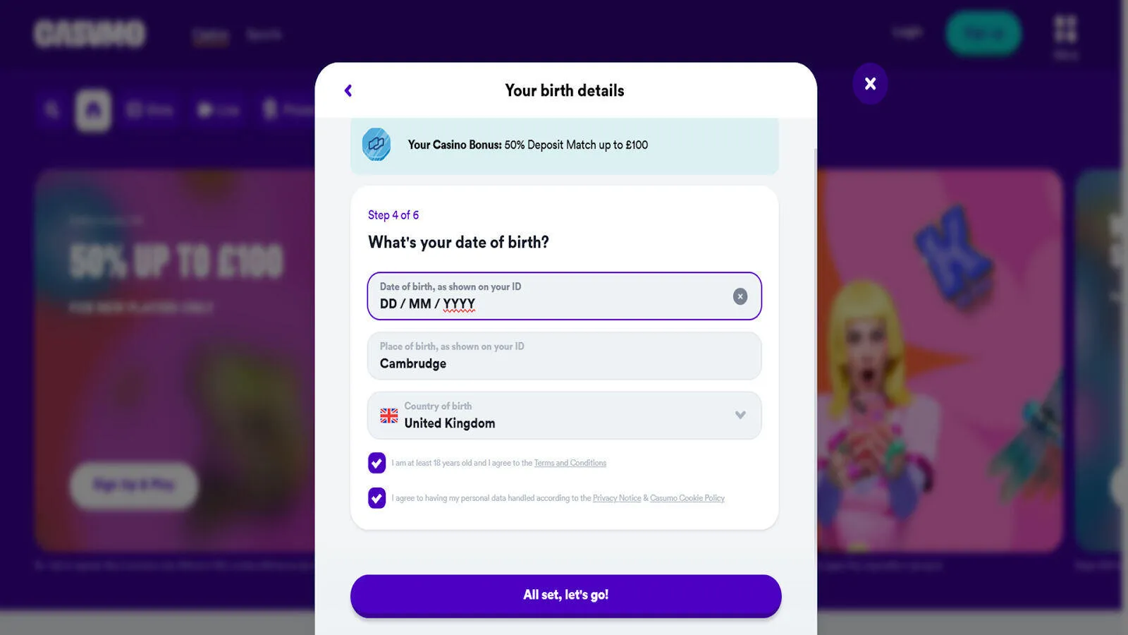Add Date Of Birth To Register At Casumo Casino Background Image