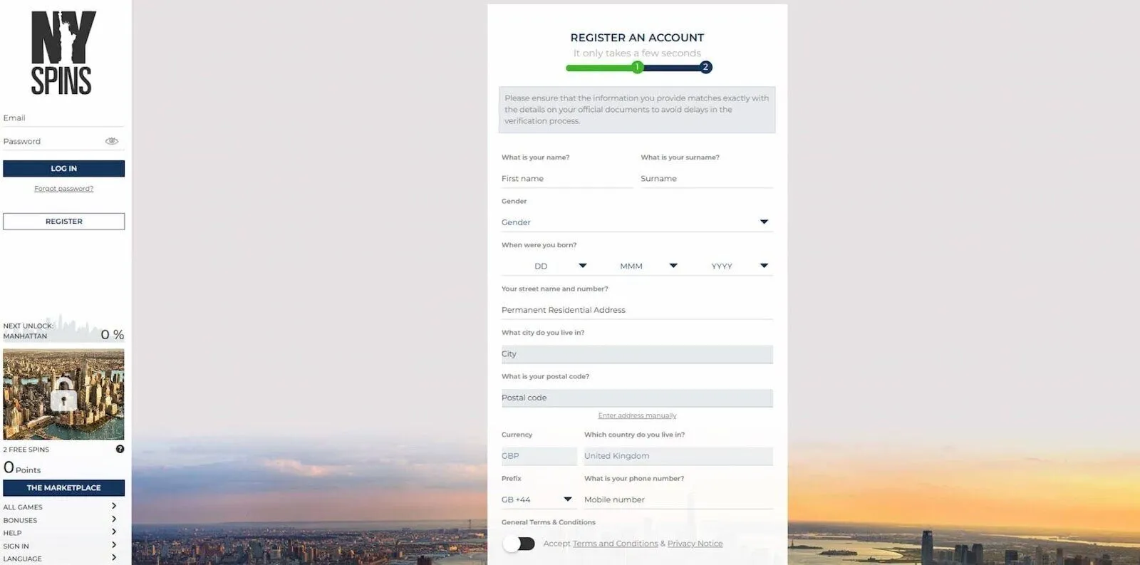NYSpins Add Your Personal Details Background Image
