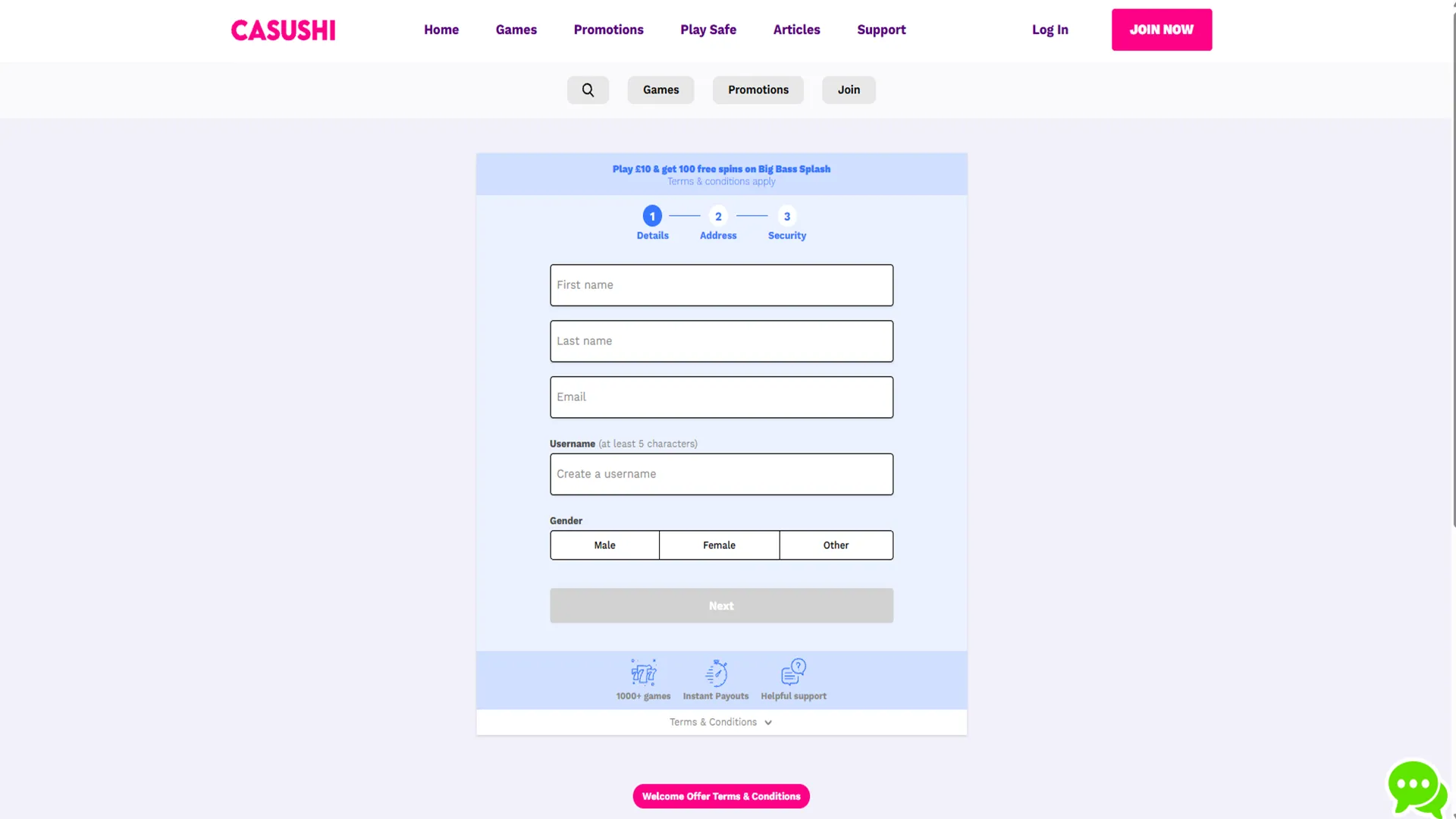 Casushi Casino Sign Up Enter Personal Information Background Image