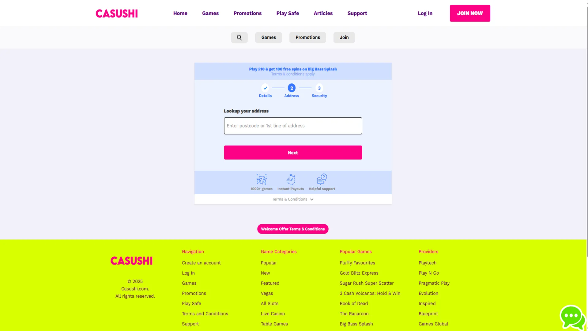Casushi Casino Sign Up Enter Your Address Background Image