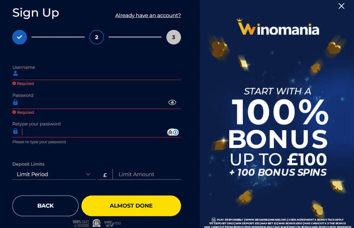 Choose Username And Password For Winomania Casino Background Image