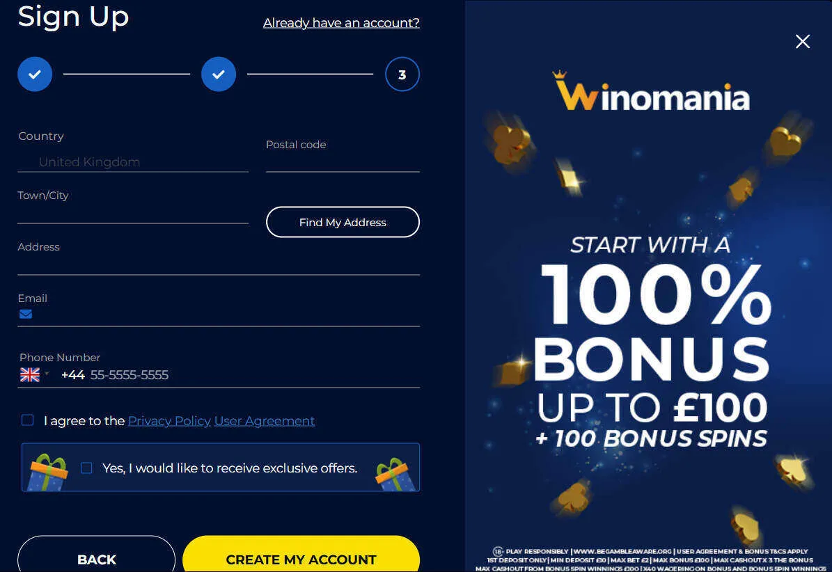 Add Address To Winomania Casino Sign Up Page Background Image