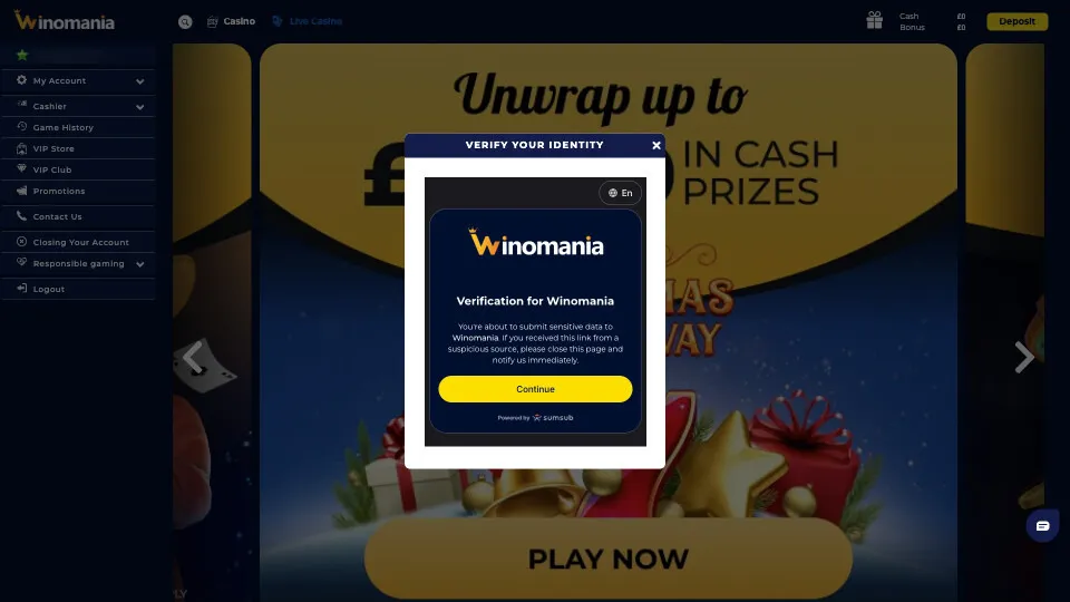 Verify Your Winomania Casino Account Background Image