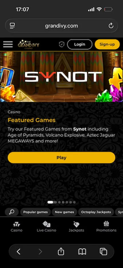 Grand Ivy Casino Mobile Featured Games Background Image