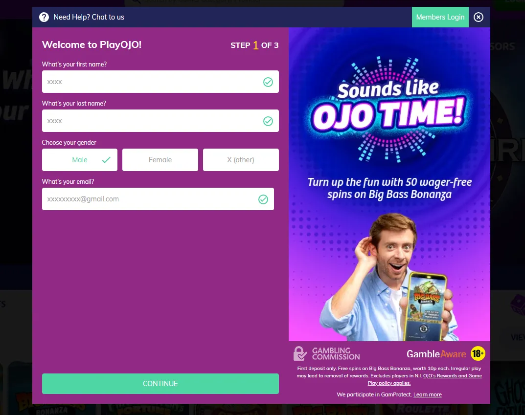 PlayOJO Sign Up - Enter Personal Information Background Image