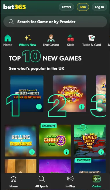 Bet365 Mobile Top 10 New Games Background Image