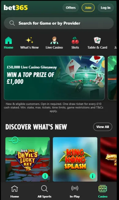 Bet365 Casino Main Page On Mobile Background Image