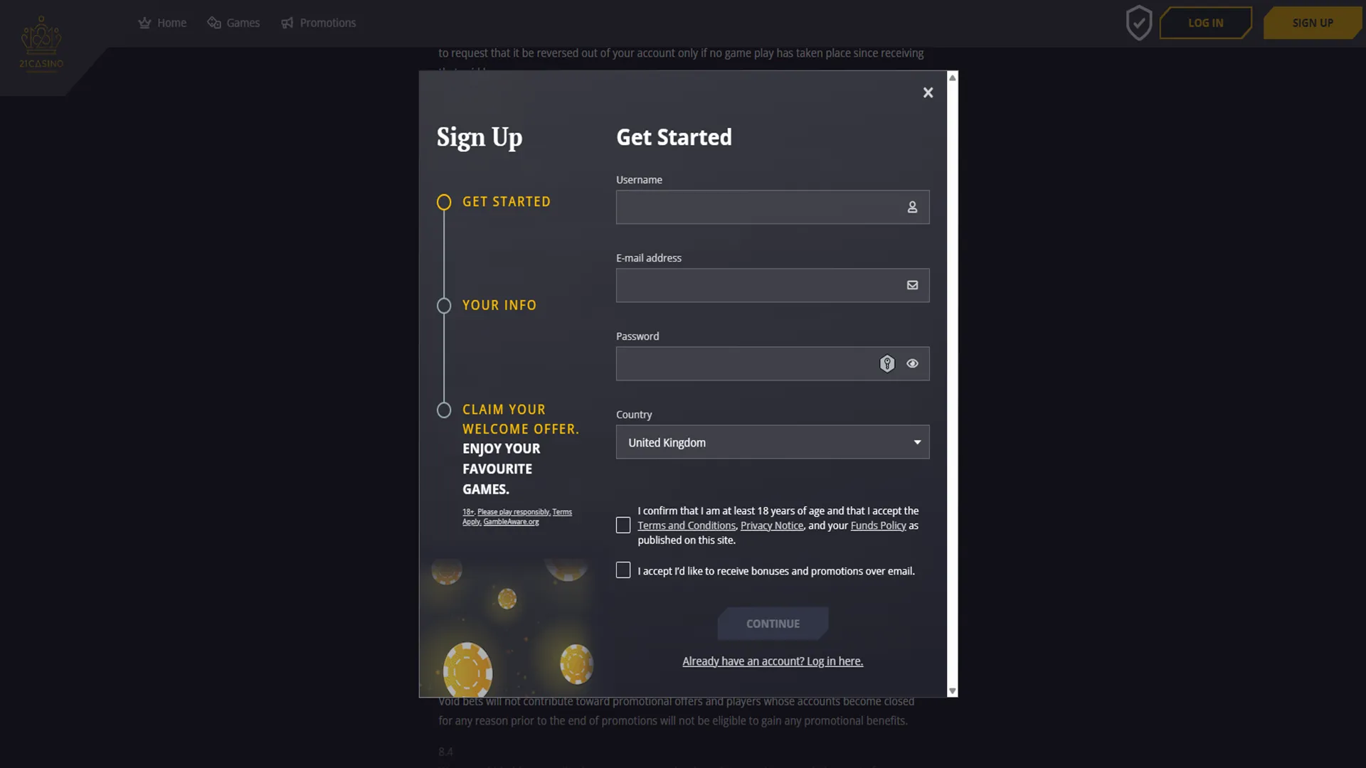 How To Sign Up At 21 Casino Background Image