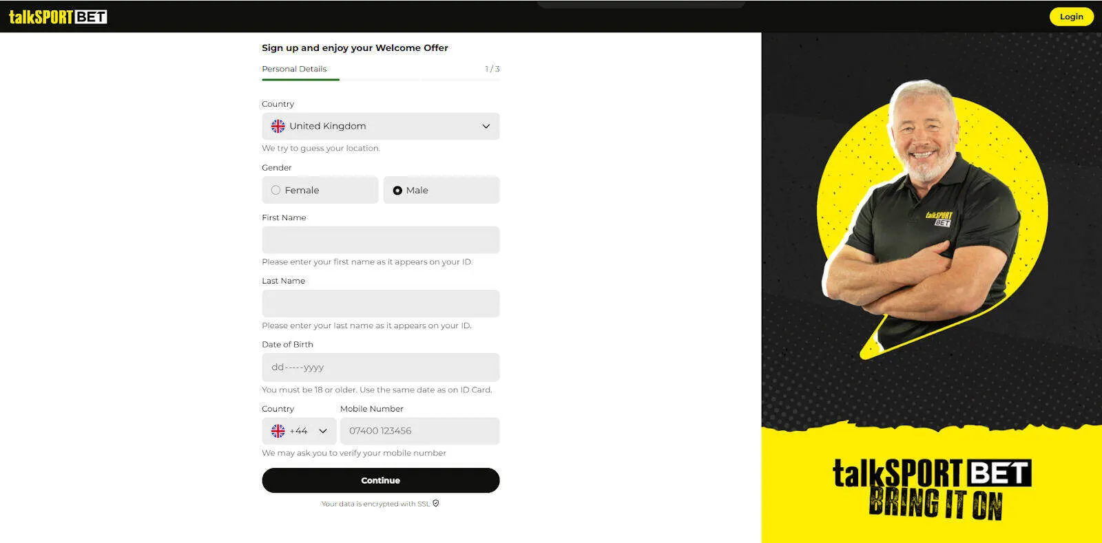 Add Personal Details To Register To TalkSPORT BET Background Image