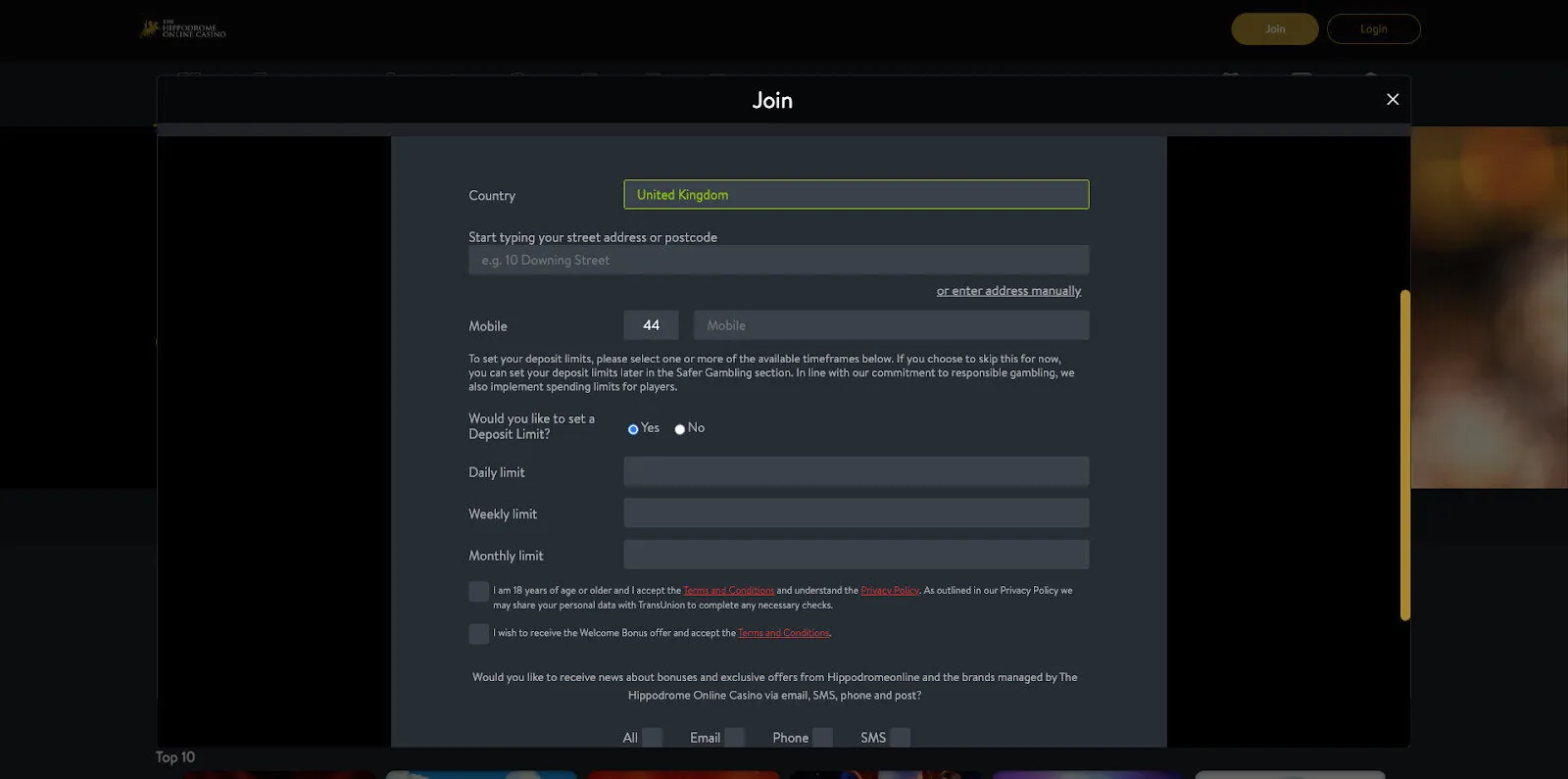 Hippodrome Casino Add Personal Details And Limits Background Image