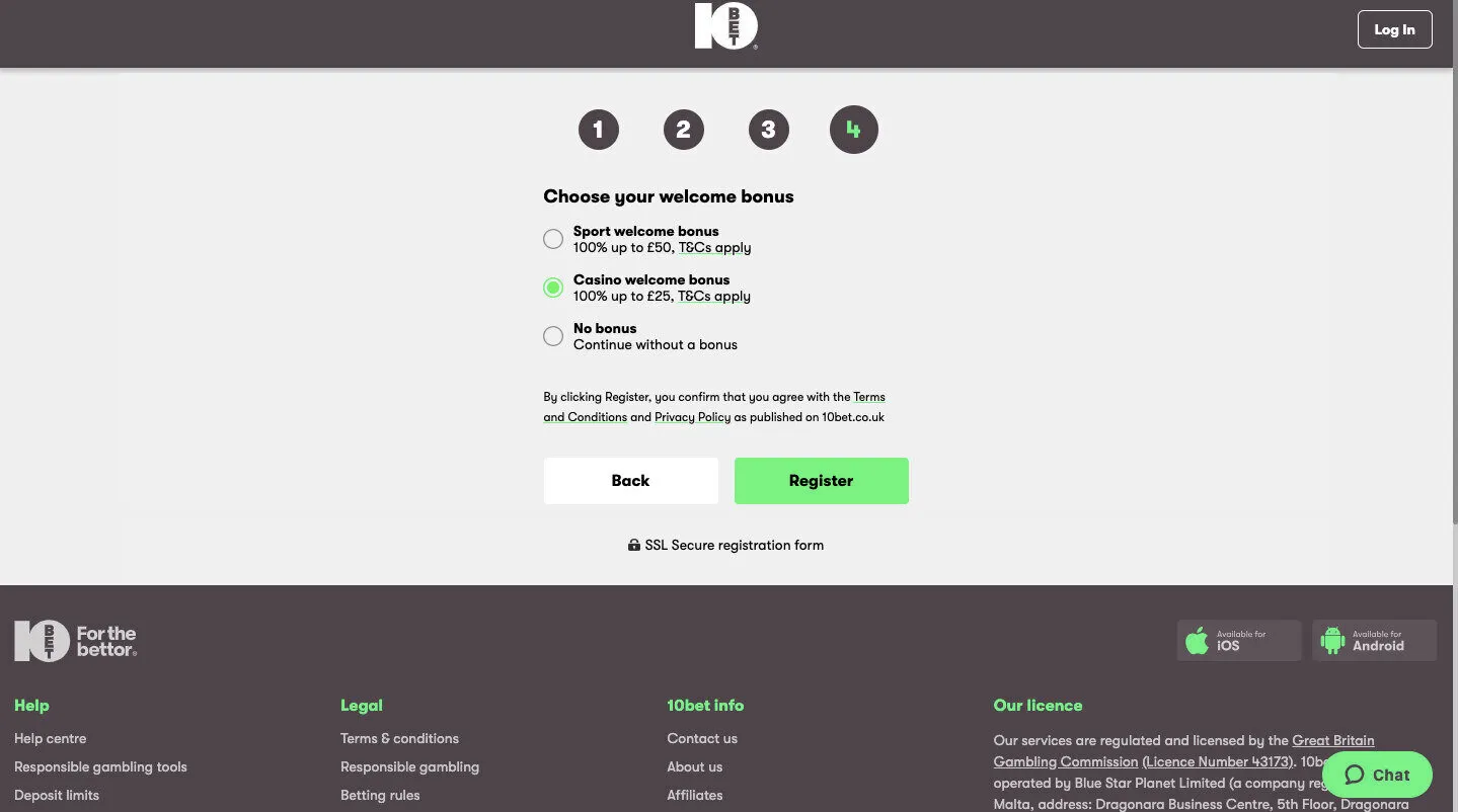 Select Your Welcome Bonus At 10bet Casino Background Image