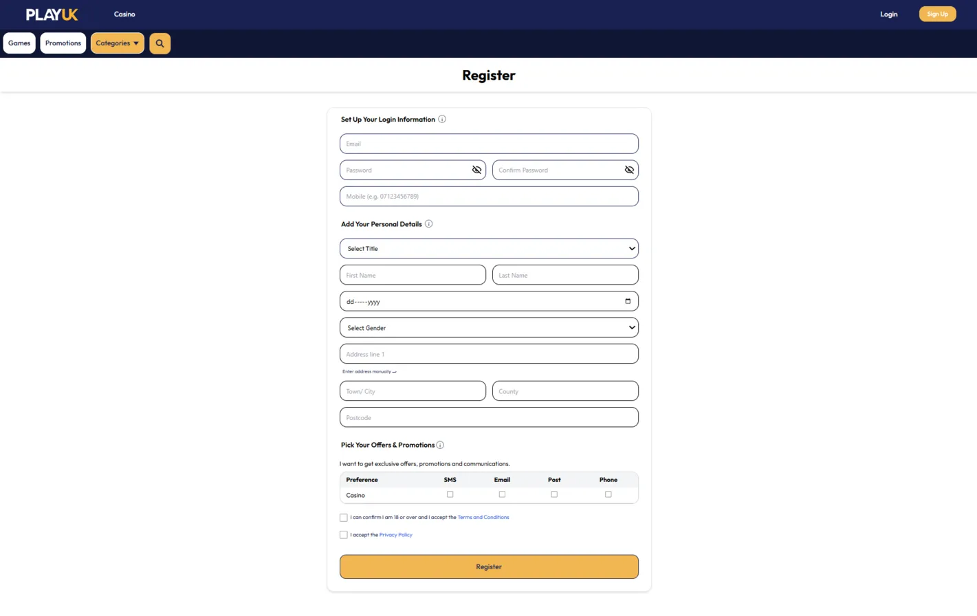 PlayUK Casino Register Form Background Image