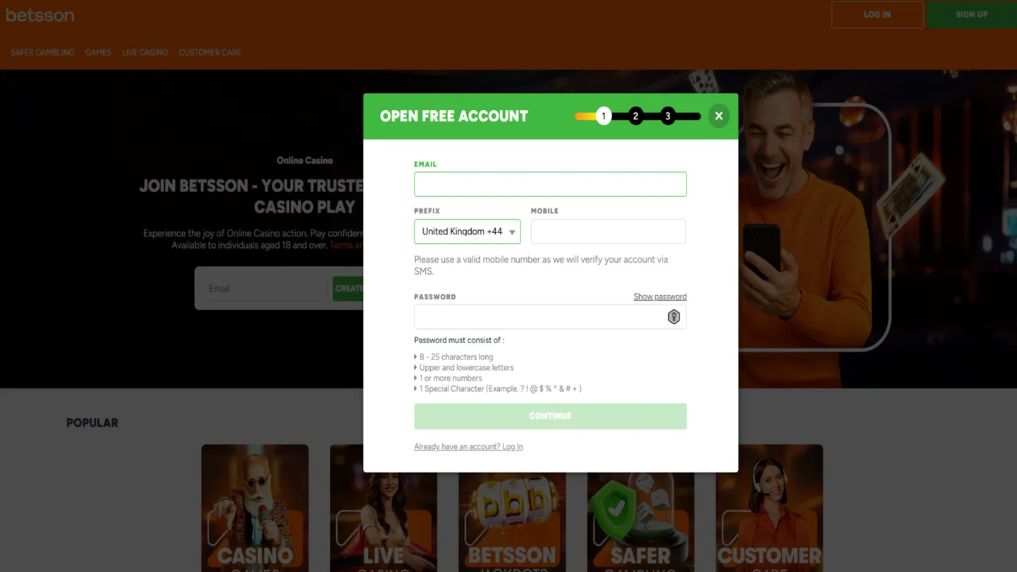 Visit The Betsson Homepage And Click On Sign Up Button Background Image