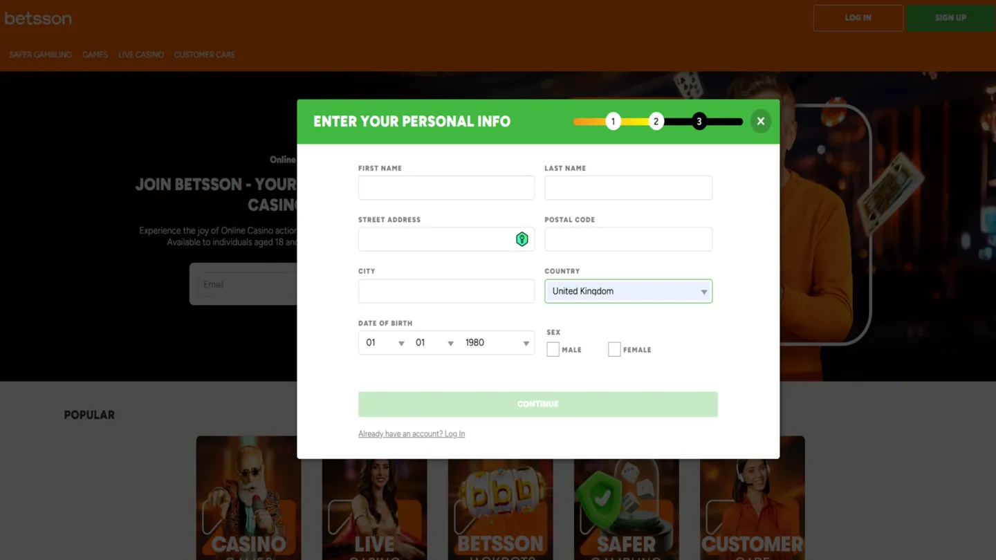 Enter Your Personal Information At Betsson Casino Background Image